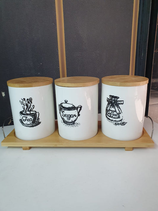 3pcs Ceramic Canisters Set  with Bamboo Stand