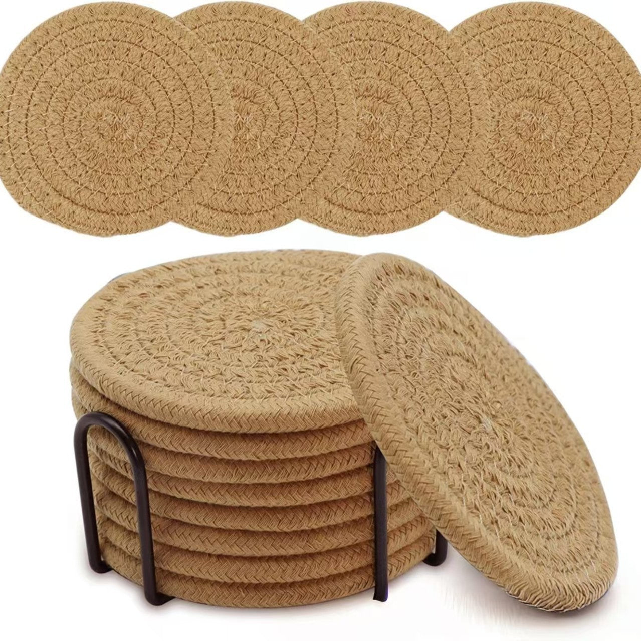 8pcs Rattan Coasters with metallic Holder