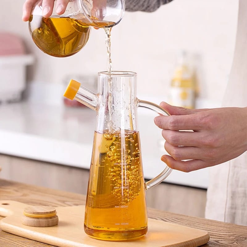 Transparent Glass Oil jar with Handle and bamboo lid