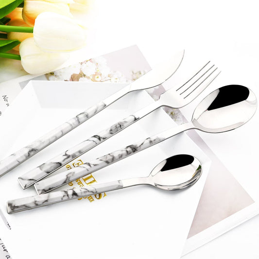 24pcs Silver Marble Cutlery Set