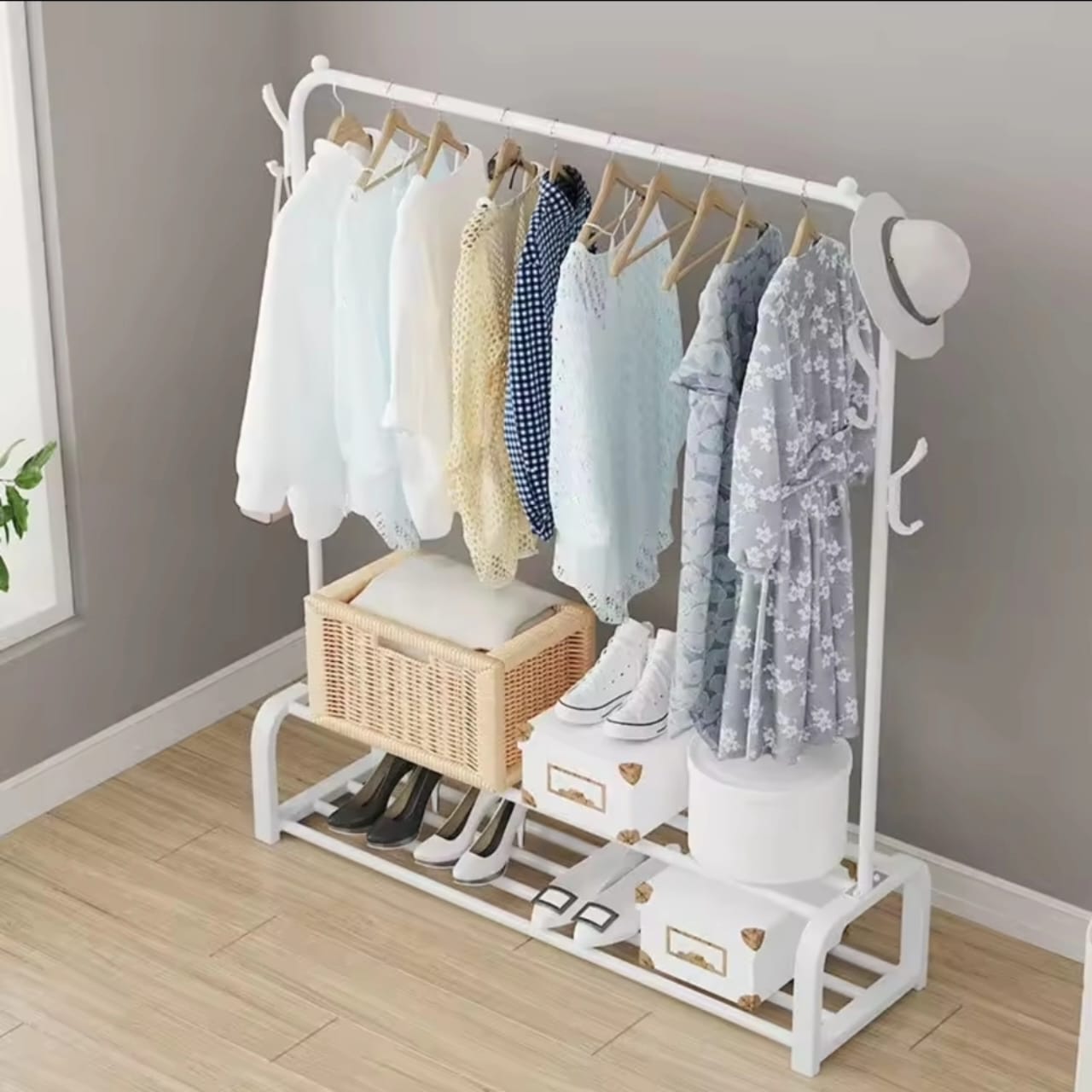 Cloth Rack With Double Lower Storage Shelf for Boxes /Shoes And Side Hooks for bag,scarfts