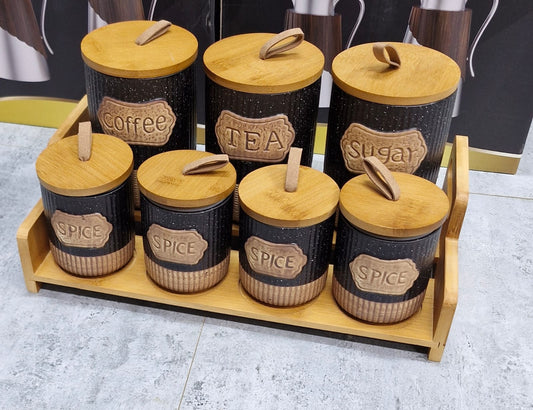 7pc Black Rustic Ceramic Canister Set with Wooden Stand