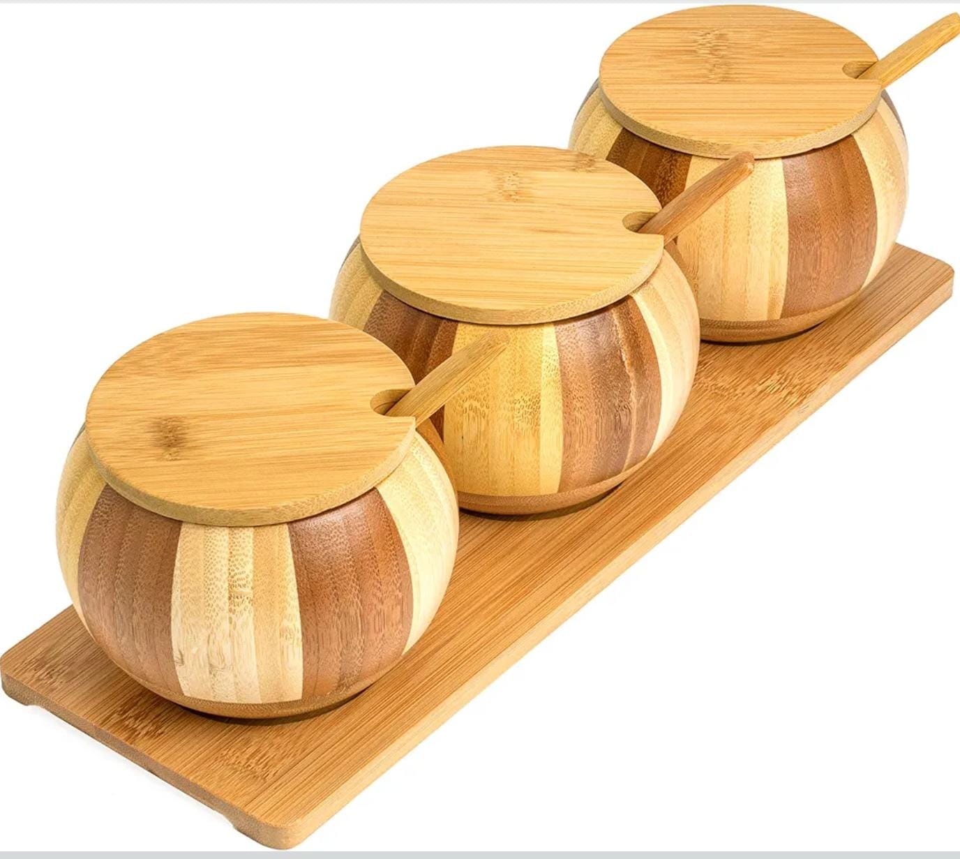 3pc bamboo condiments set with stand