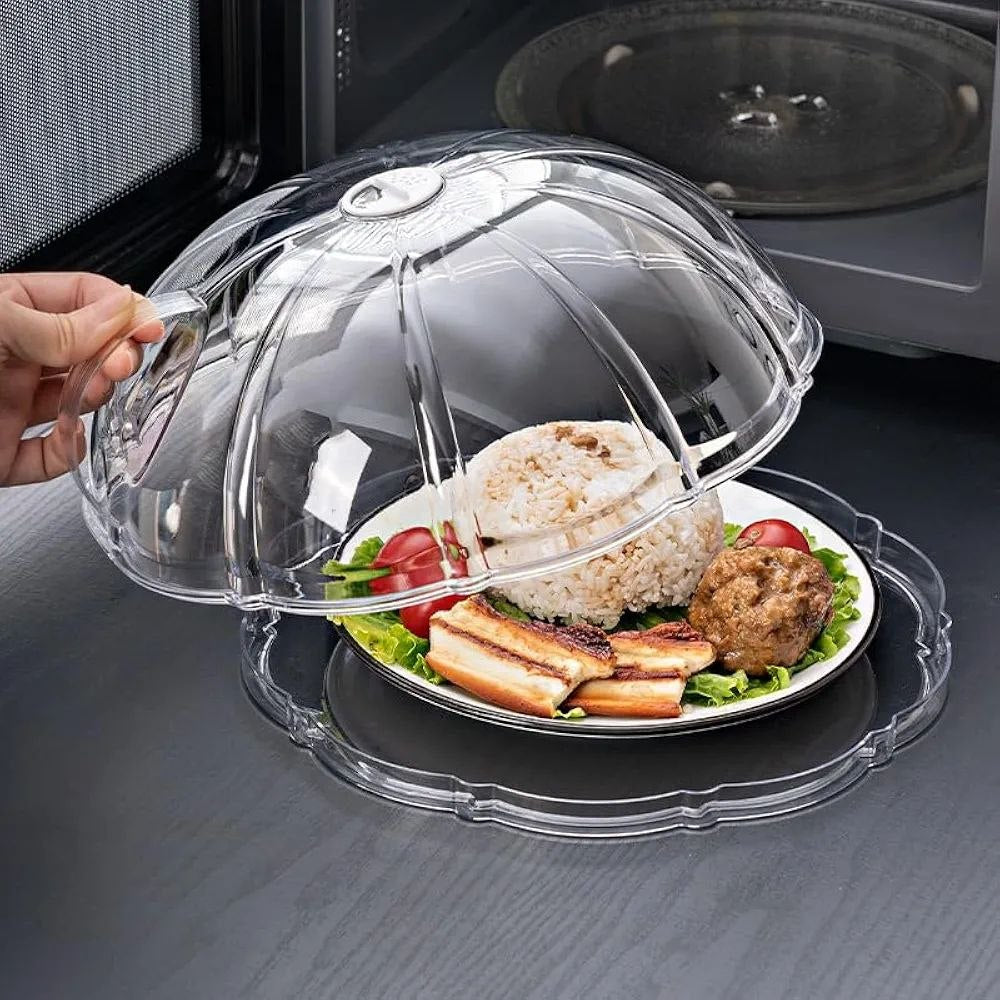 Multipurpose transparent microwave / food splatter cover with an integrated base plate and handle