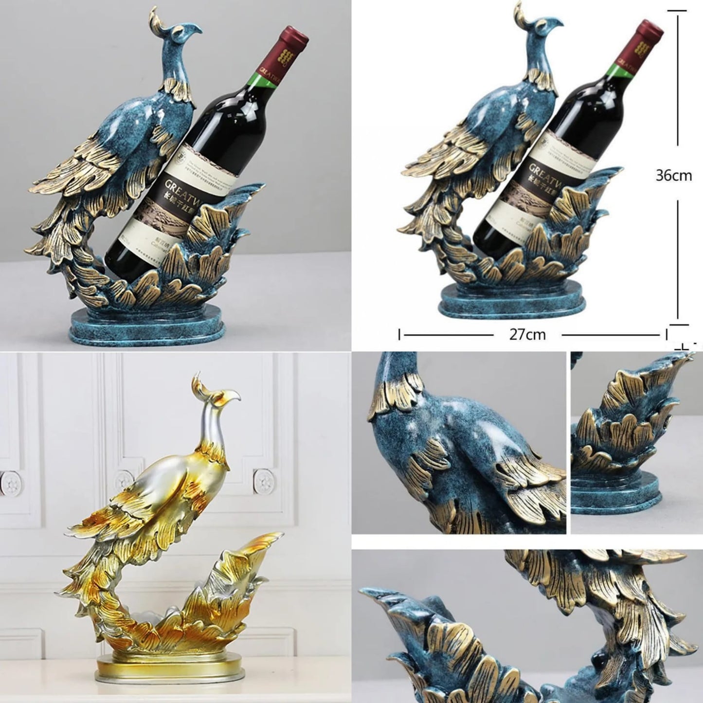 GOLDEN BLUE PEACOCK WINE BOTTLE HOLDER