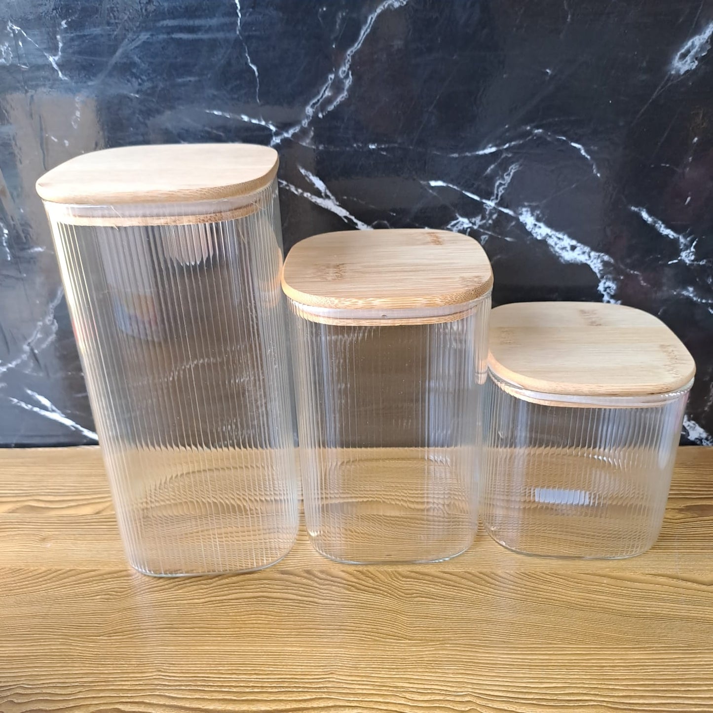 3pc Ribbed Glass Bamboo Lid storage jars