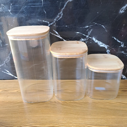 3pc Ribbed Glass Bamboo Lid storage jars