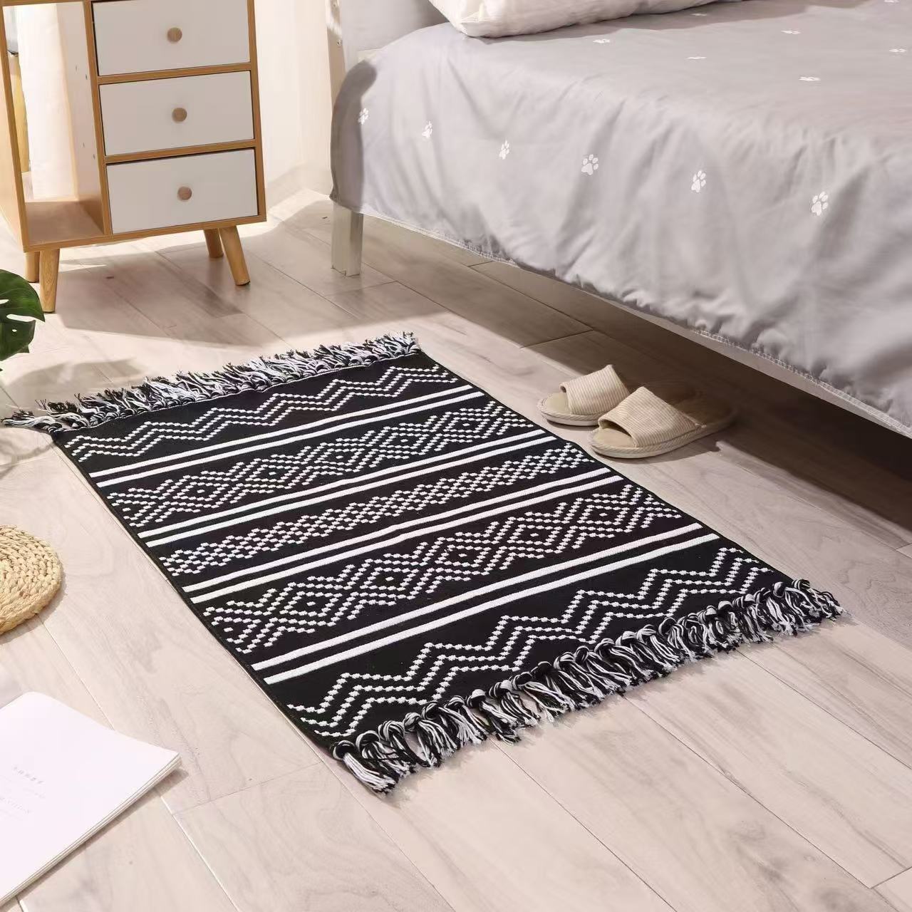 Bohemian Nordic style bedroom rug with tassels