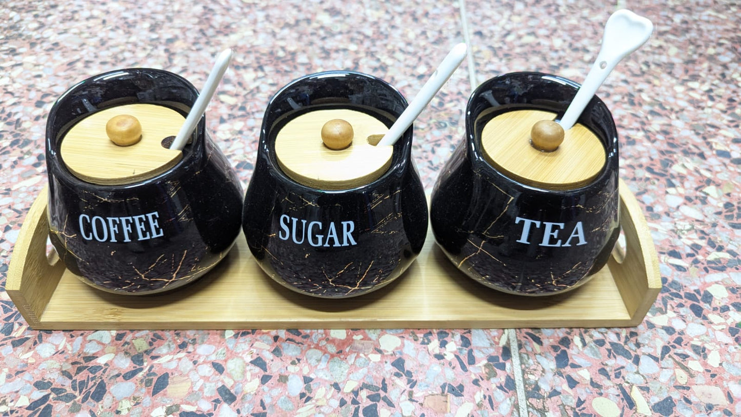 3pcs Ceramic Canisters Set with Bamboo Rack And Wooden Lids