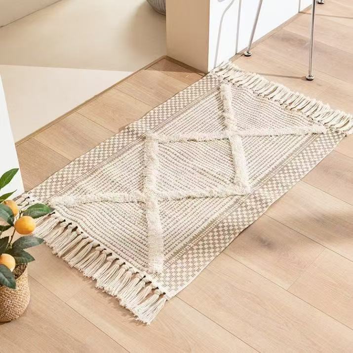 Bohemian Nordic style bedroom rug with tassels
