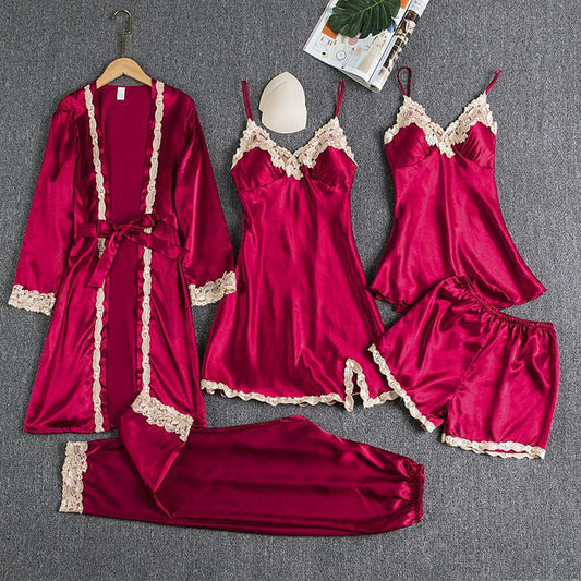 5 IN 1 QUALITY SILK PAJAMA LINGERIE SLEEPWEAR SET