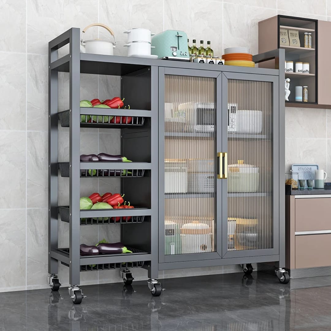 Multi-functional kitchen storage rack with visible doors and metal handles
