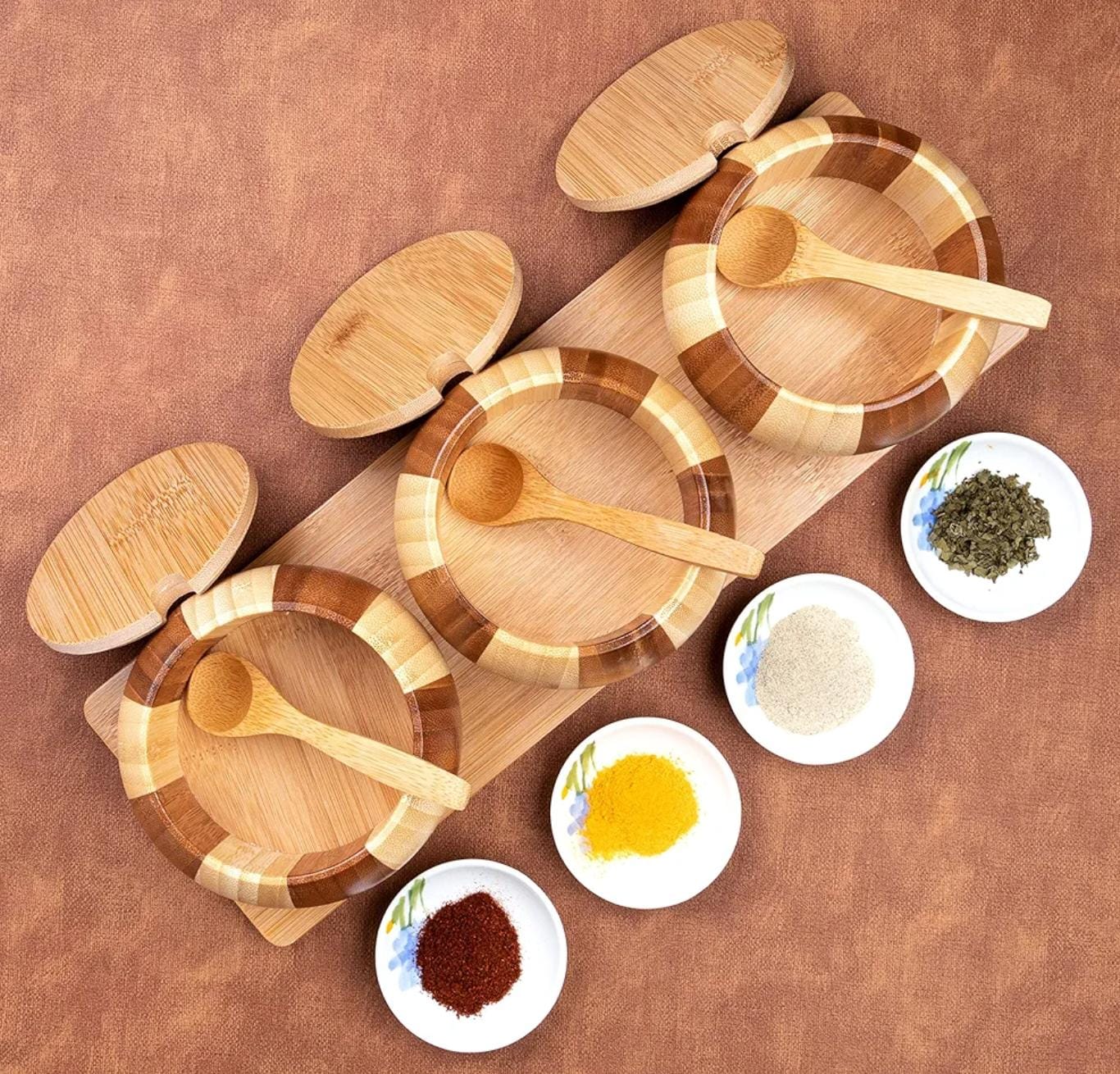 3pc bamboo condiments set with stand