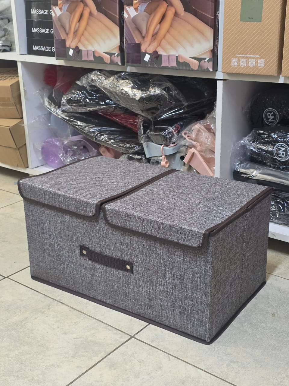 Foldable cotton linen closet storage box with double cover organizer