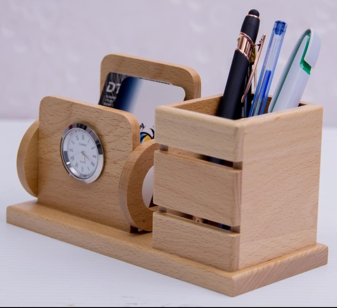 Wooden desk organiser with clock