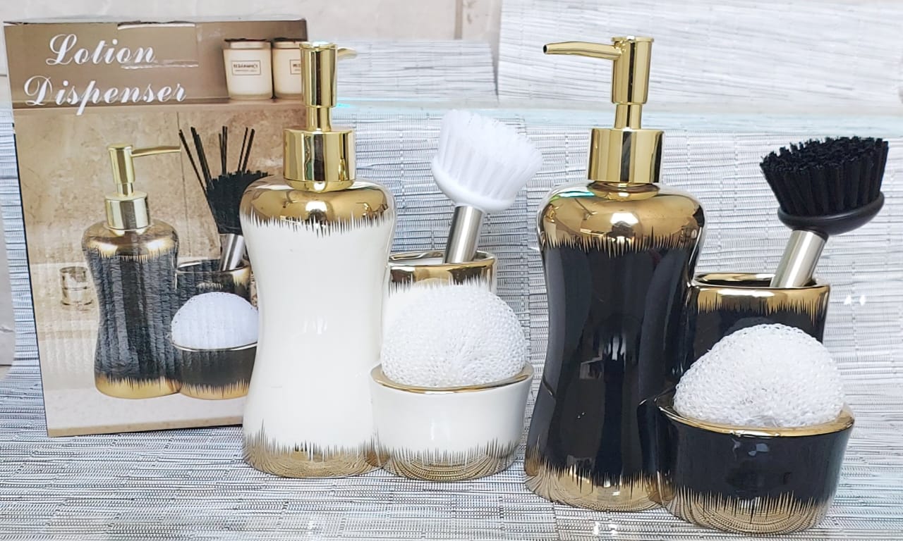 Combined 3 level ceramic lotion / soap dispenser with 2 slots brush and wash pad 




Pmbz