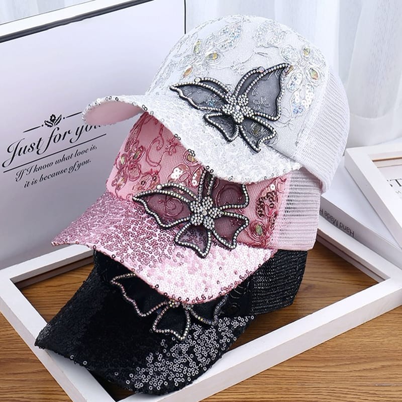 *Fashion Mesh Women's Baseball Cap Breathable Black Rhinestone Sun Hat Butterfly