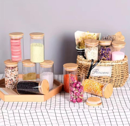Glass spice jars with airtight bamboo lid 460ml 4pc set