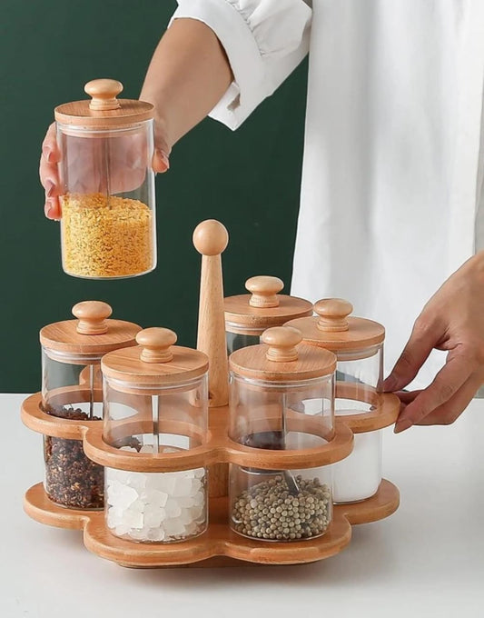 6 in 1 Rotating spice rack with spoon /Seasoning set with Bamboo stand