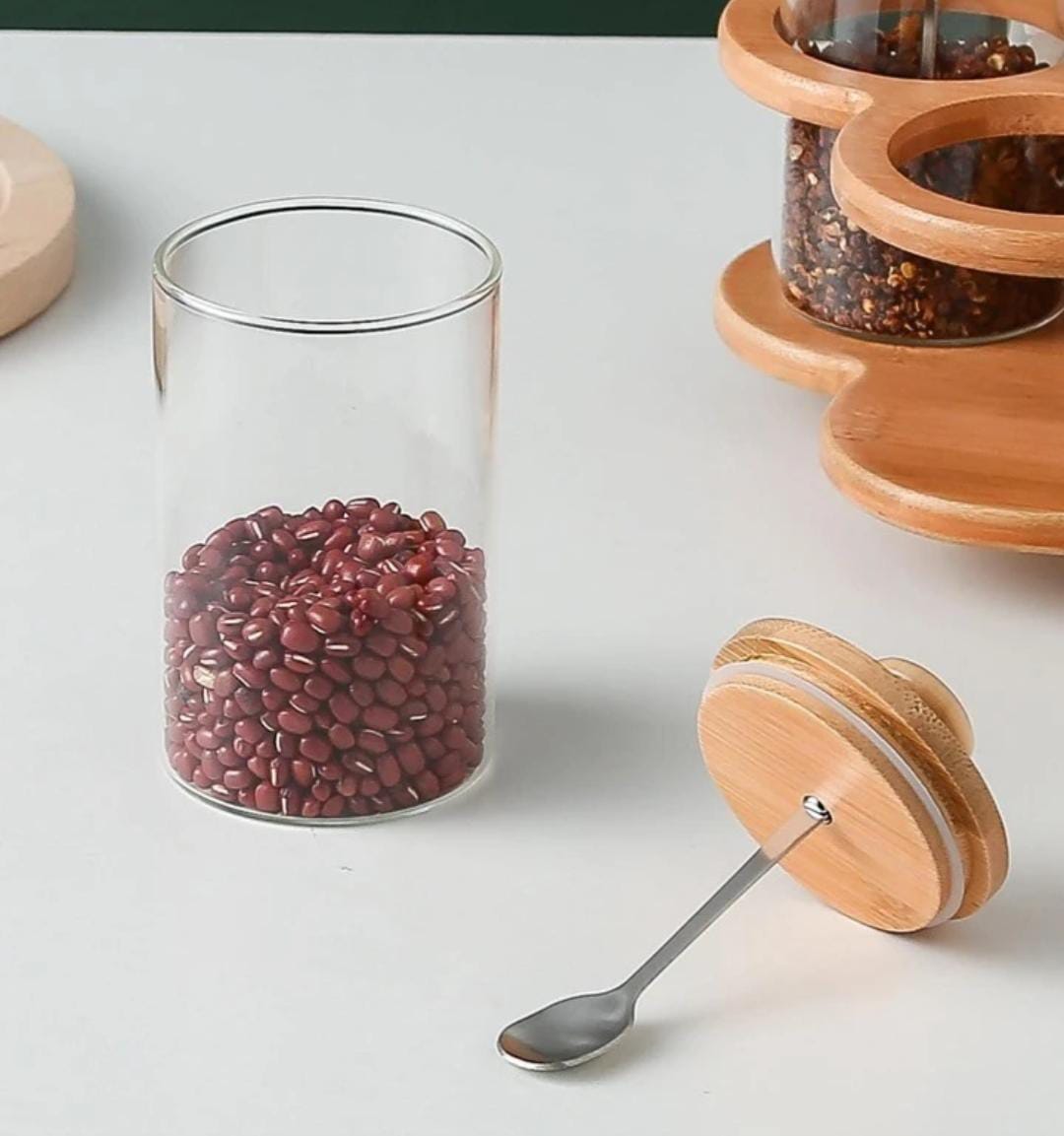 6 in 1 Rotating spice rack with spoon /Seasoning set with Bamboo stand