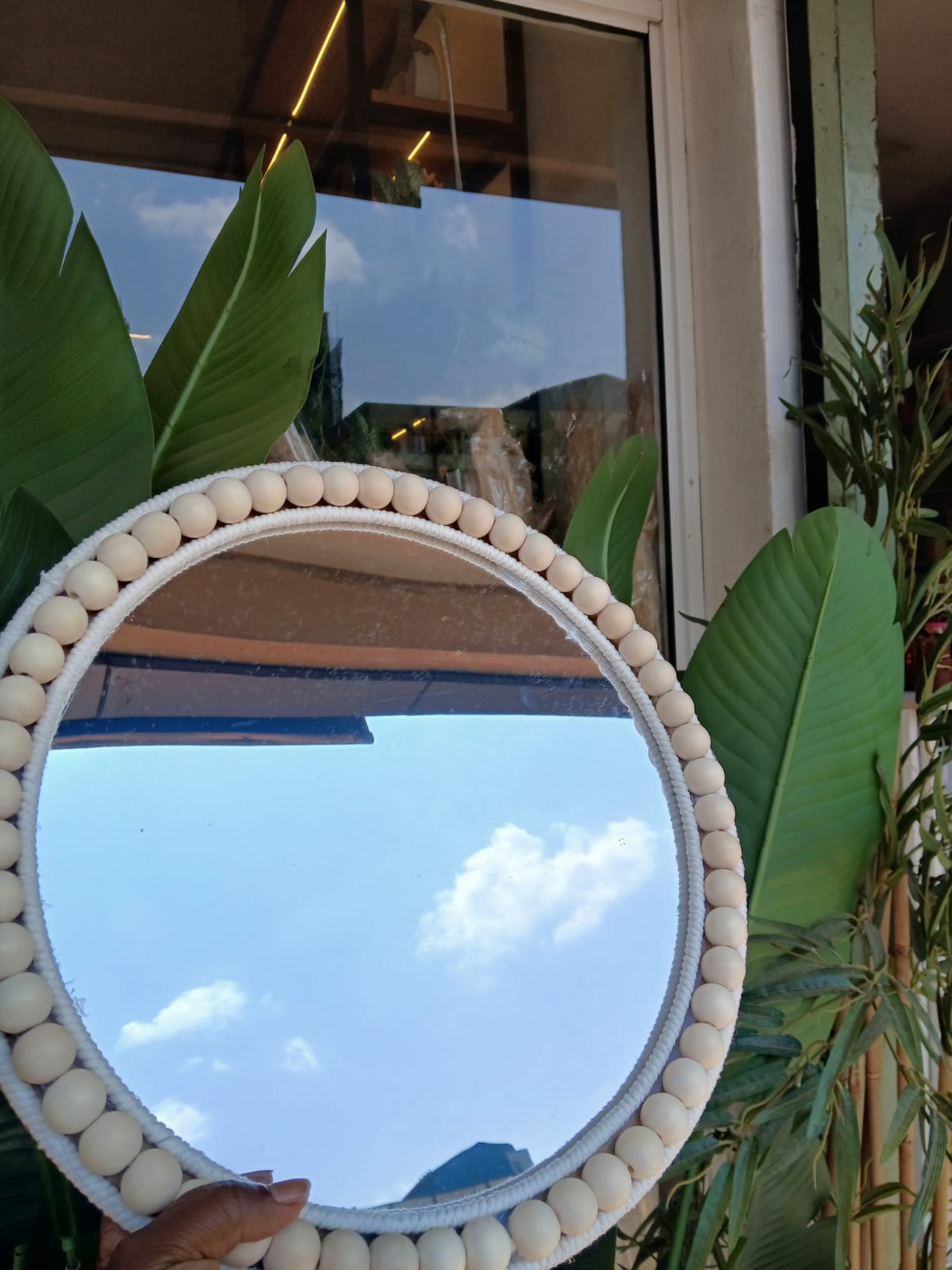 Boho beaded round mirror wall decor and tray