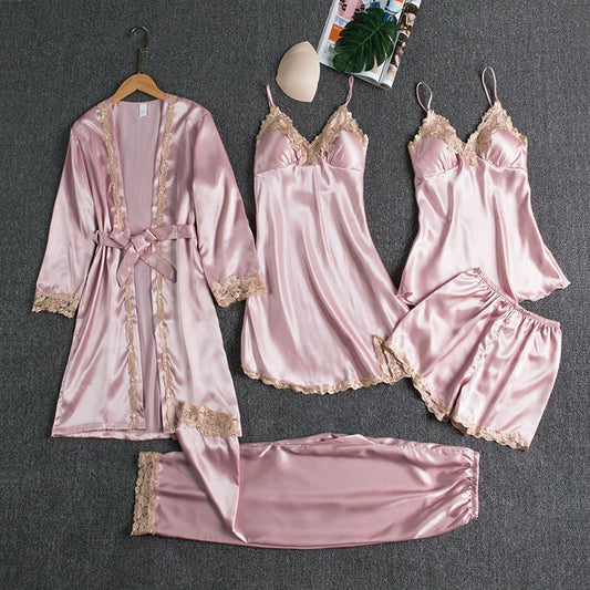 5 IN 1 QUALITY SILK PAJAMA LINGERIE SLEEPWEAR SET