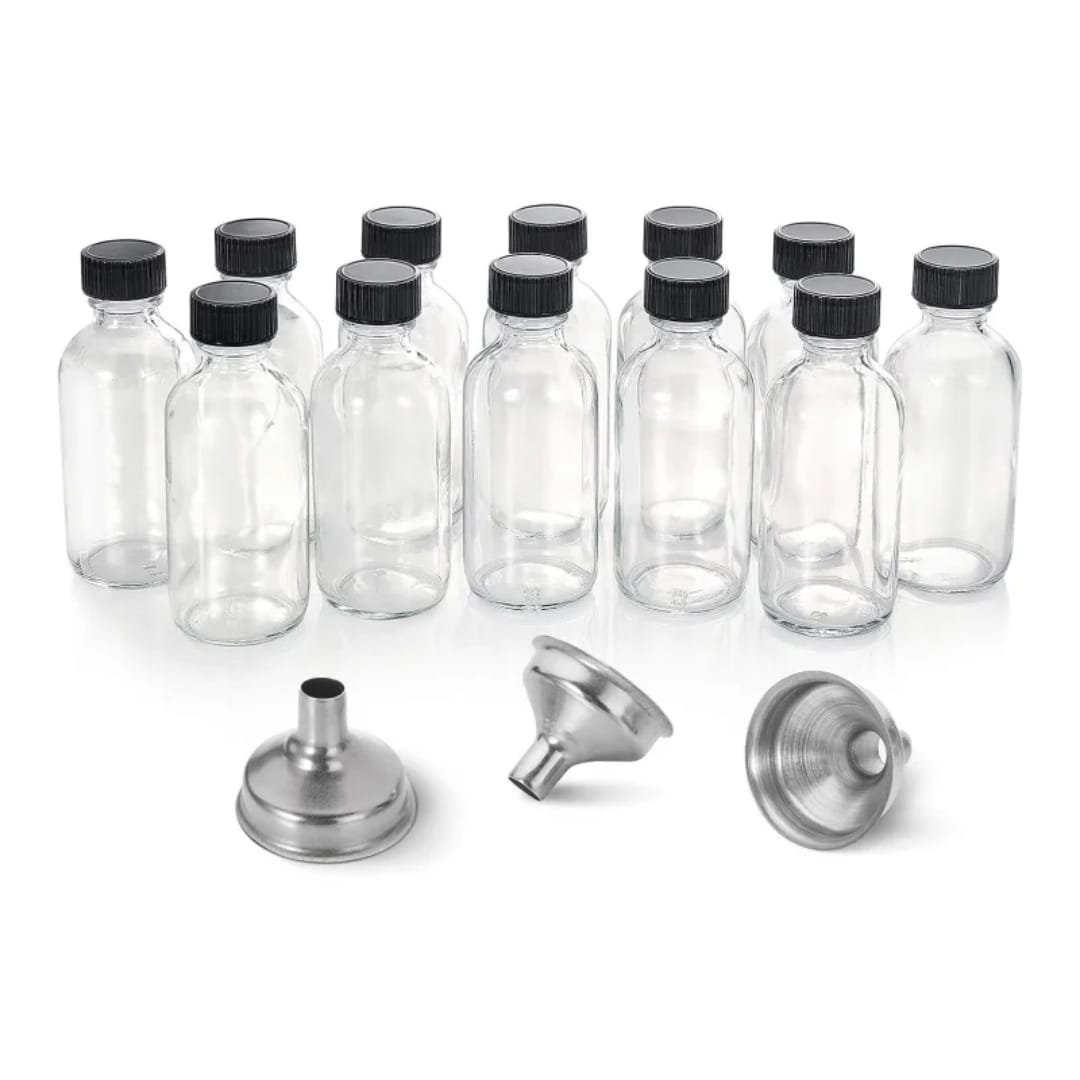 12 pc Glass ginger shot bottles with 2 funnels set
