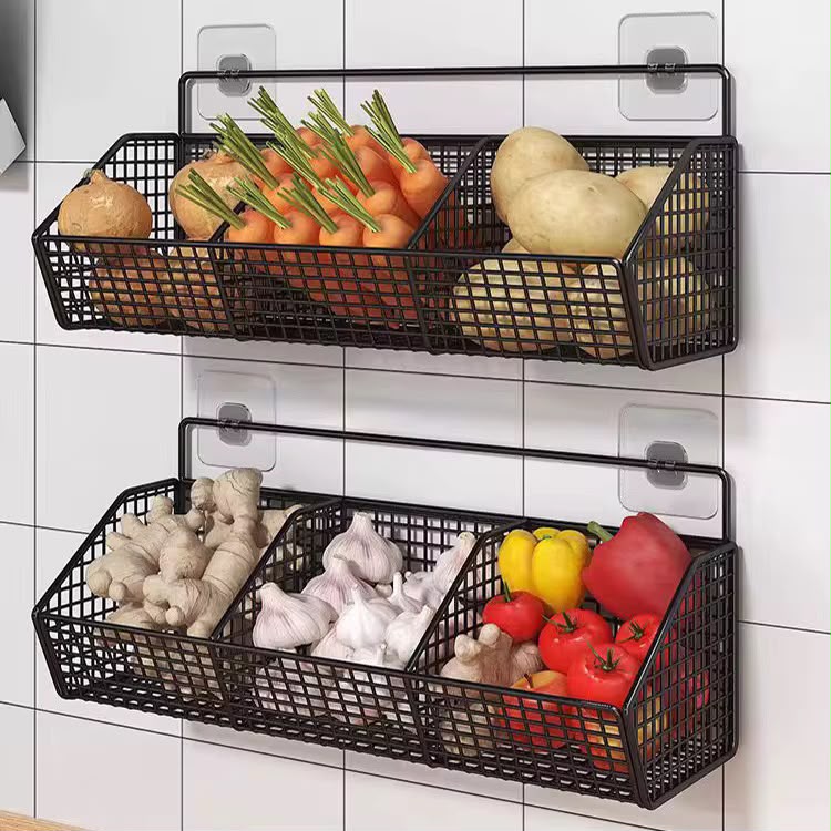 Wall mounted mesh kitchen storage rack / 3 compartment kitchen storage rack