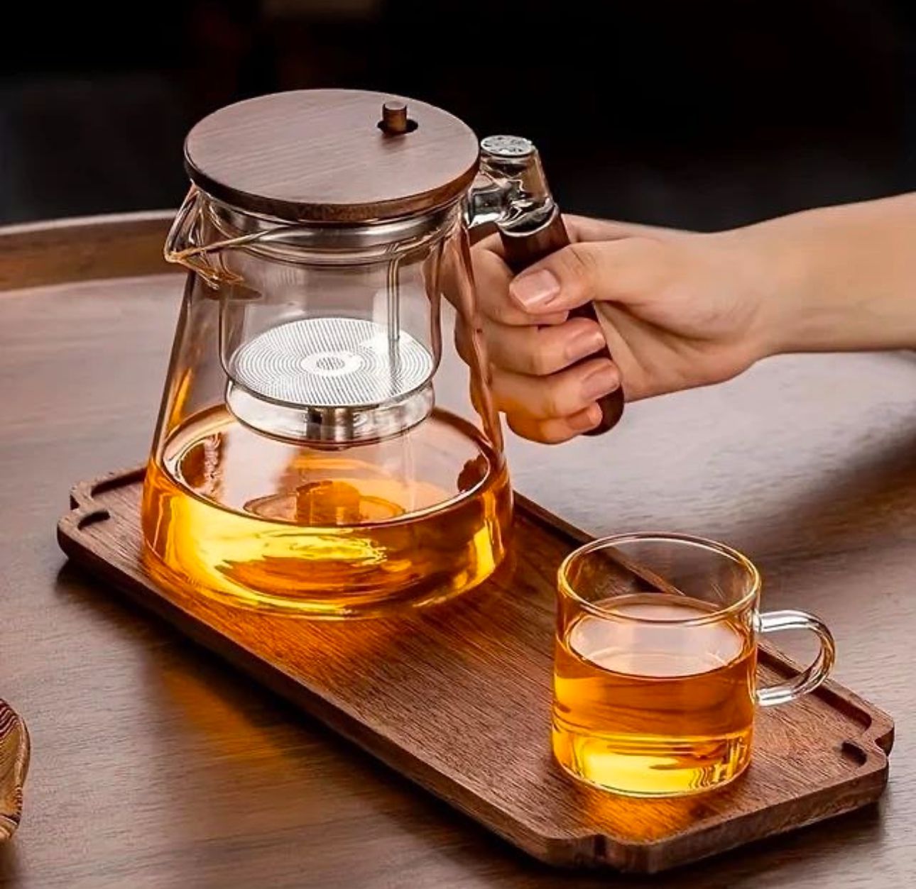 Heat Resistant Glass Teapot with Wooden Handle Round Large Capacity