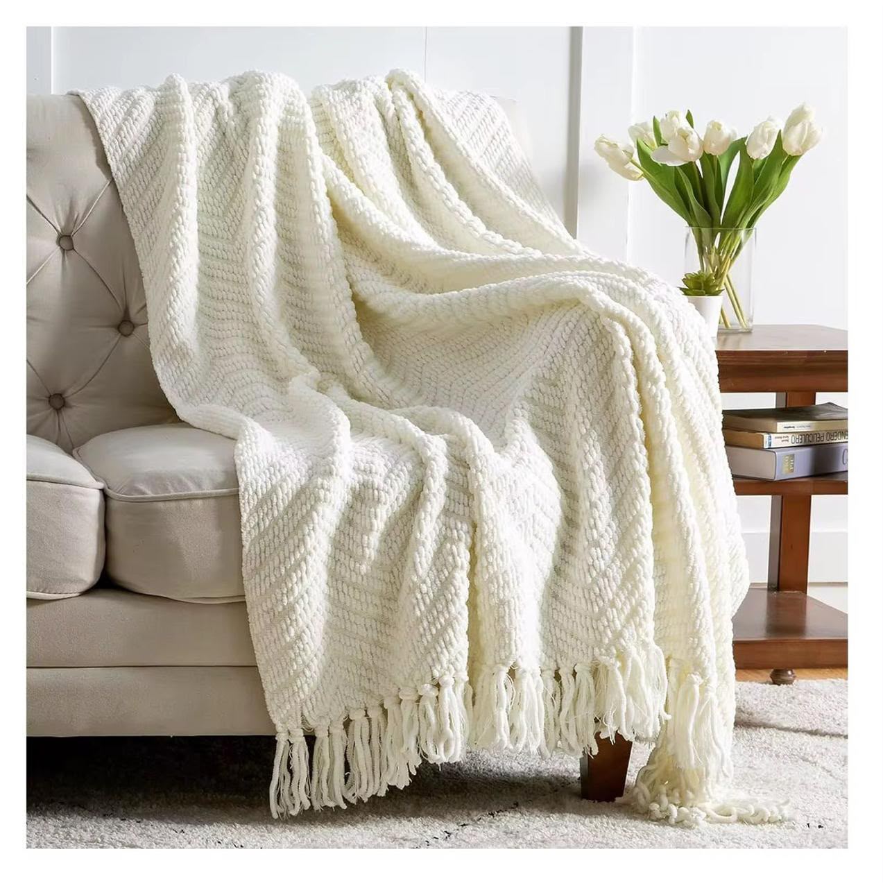 Textured knitted heavy throw blanket with tassels