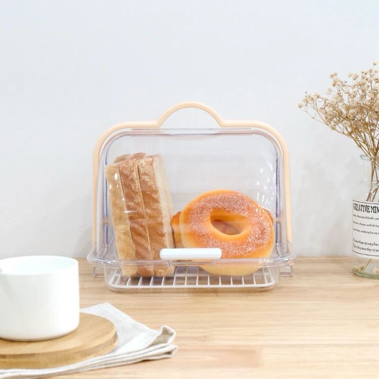 Portable plastic bread storage box with a roll up lid