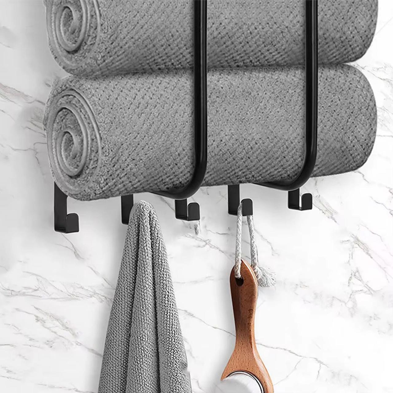 Multifunctional bathroom towel holder with metal shelf and 5 hooks / wall mounted towel rack