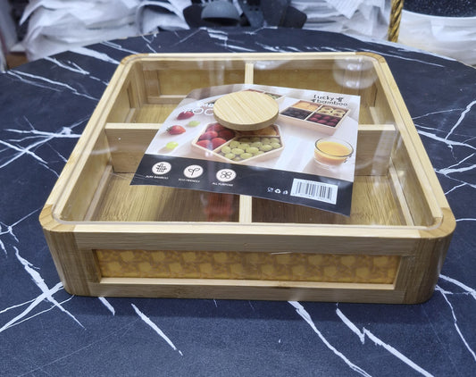 Premium square Bamboo 4-Section Tea / Snacks Tray with Lid.