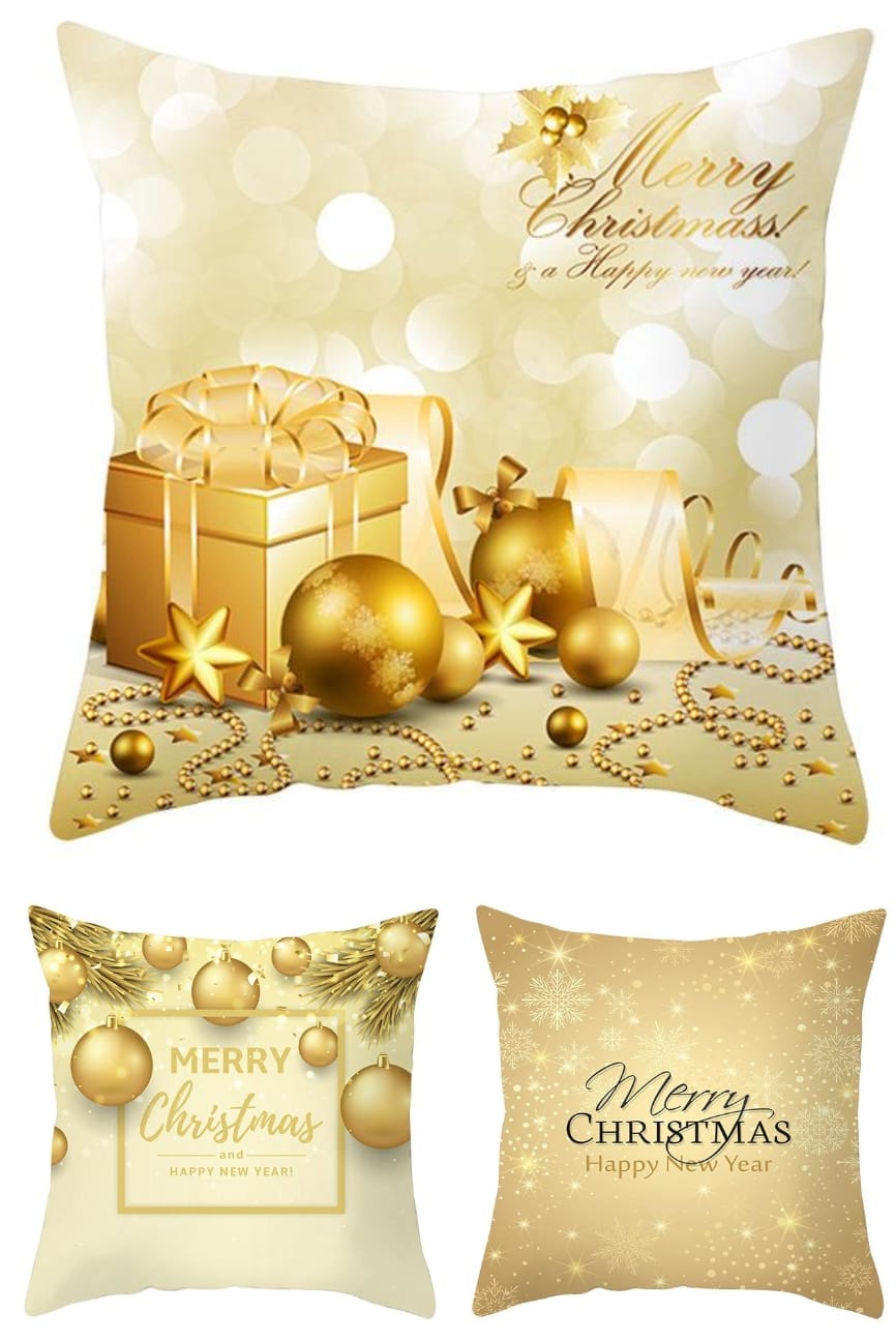 Christmas themed LINEN Throw pillow cases (Gold)