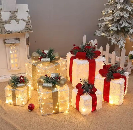3PCS SET CHRISTMAS DECORATION GIFT BOX WITH LIGHTS
