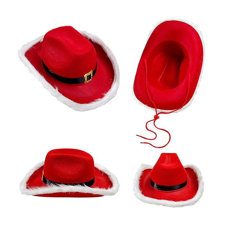 Christmas Red Cowboy Hat Women Men Feather