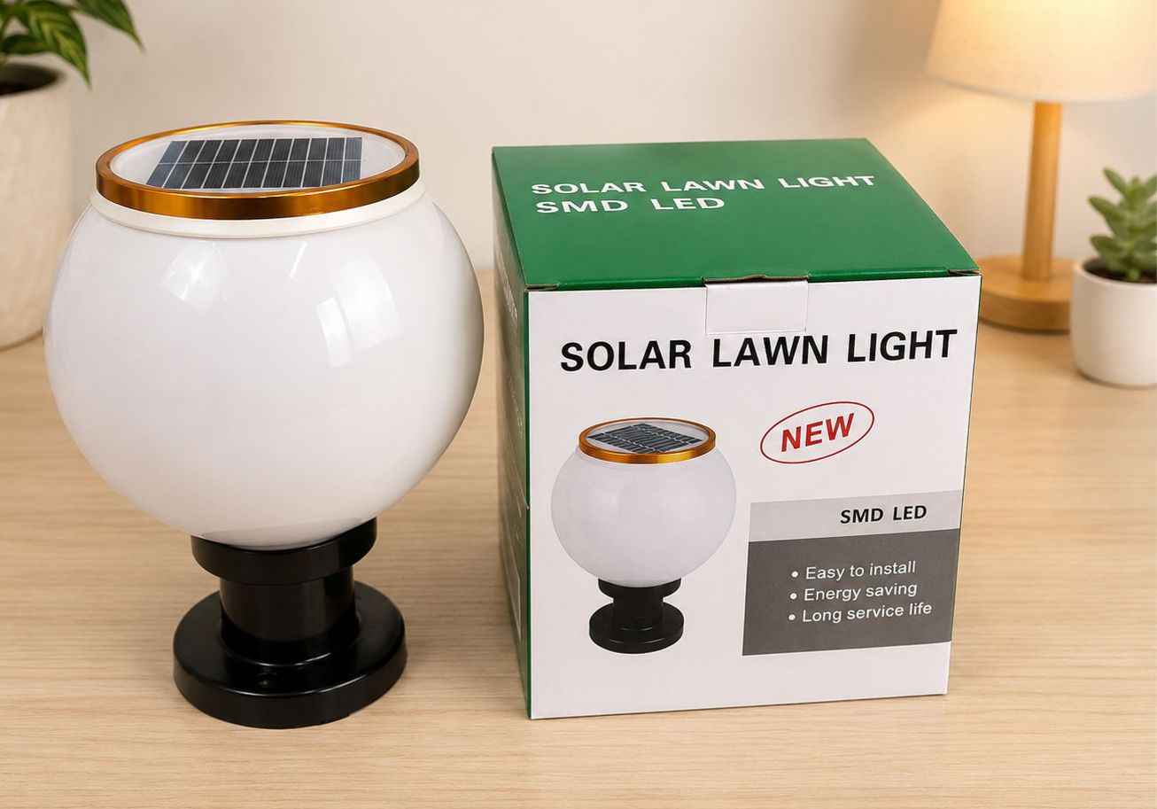 solar garden lamp LED ball lawn light featuring a white globe lamp and a black post base