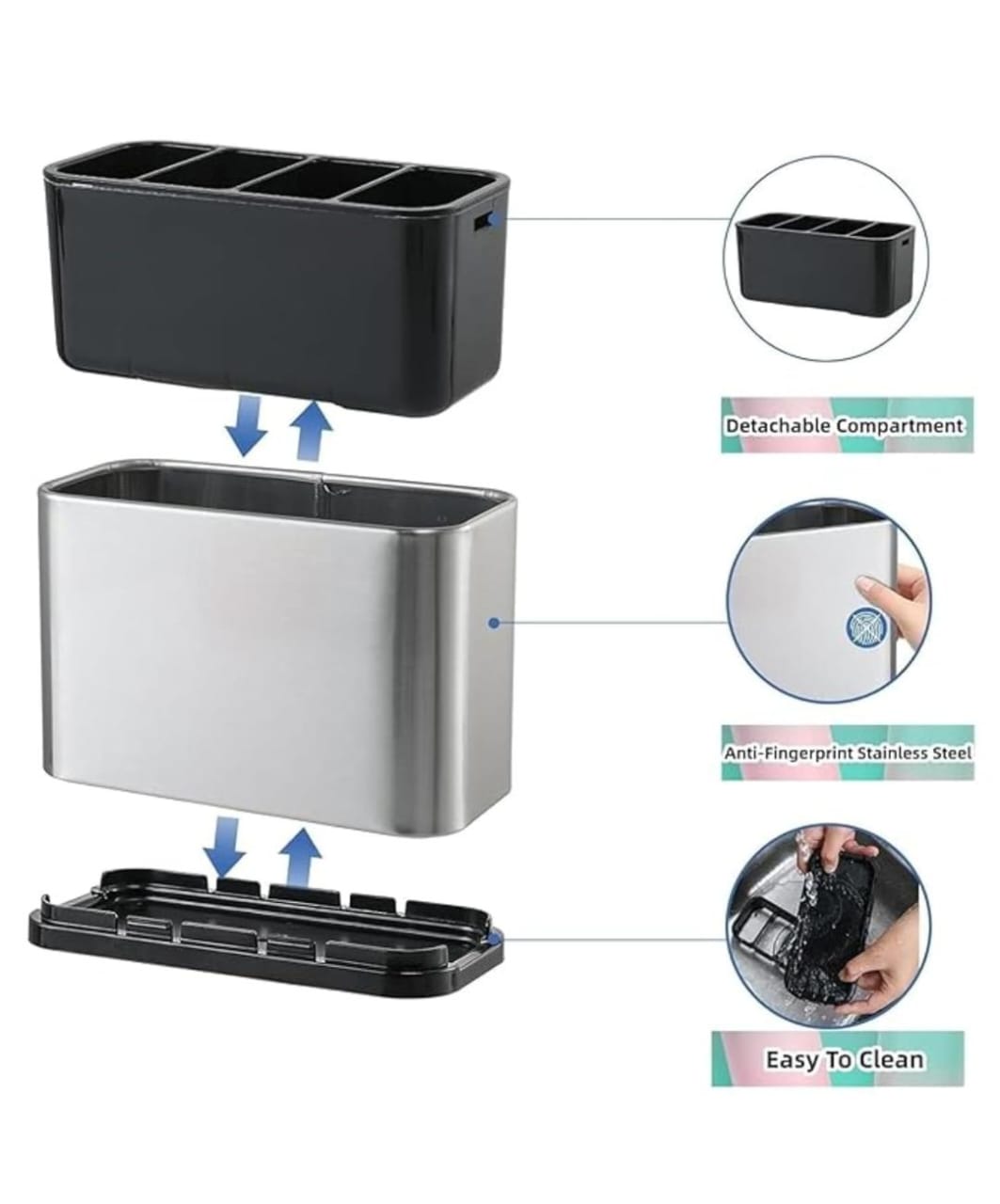 Countertop partitioned cutlery organizer with drainer