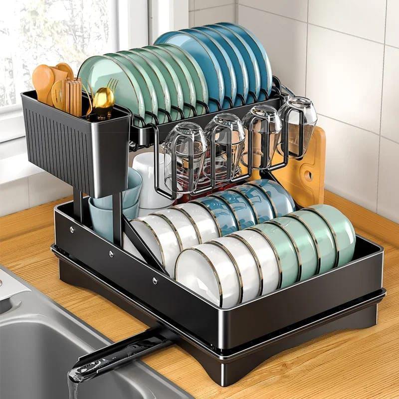 2 Tier Foldable Dish Drying Rack with Drip