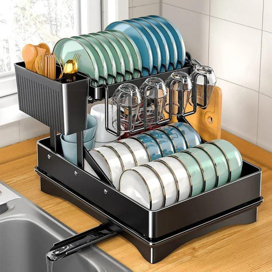 2 Tier Foldable Dish Drying Rack with Drip