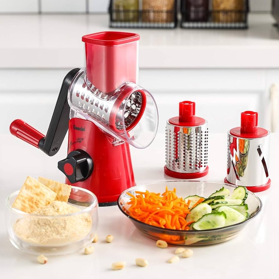 Rotary drum grater veggie slicer with 3 slicing options