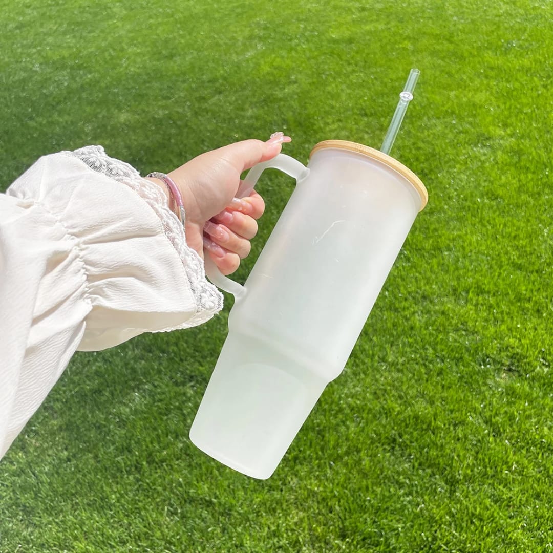 Borosilicate Bamboo Drinking Glass Cup/Tumbler with lid + Straw