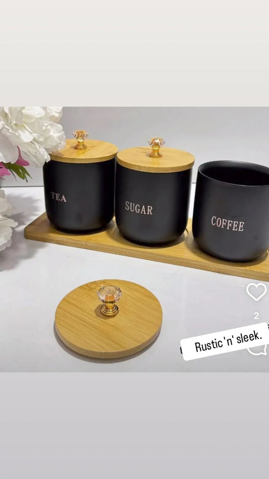 Ceramic black 3pc candy jar/tea/sugar/coffee