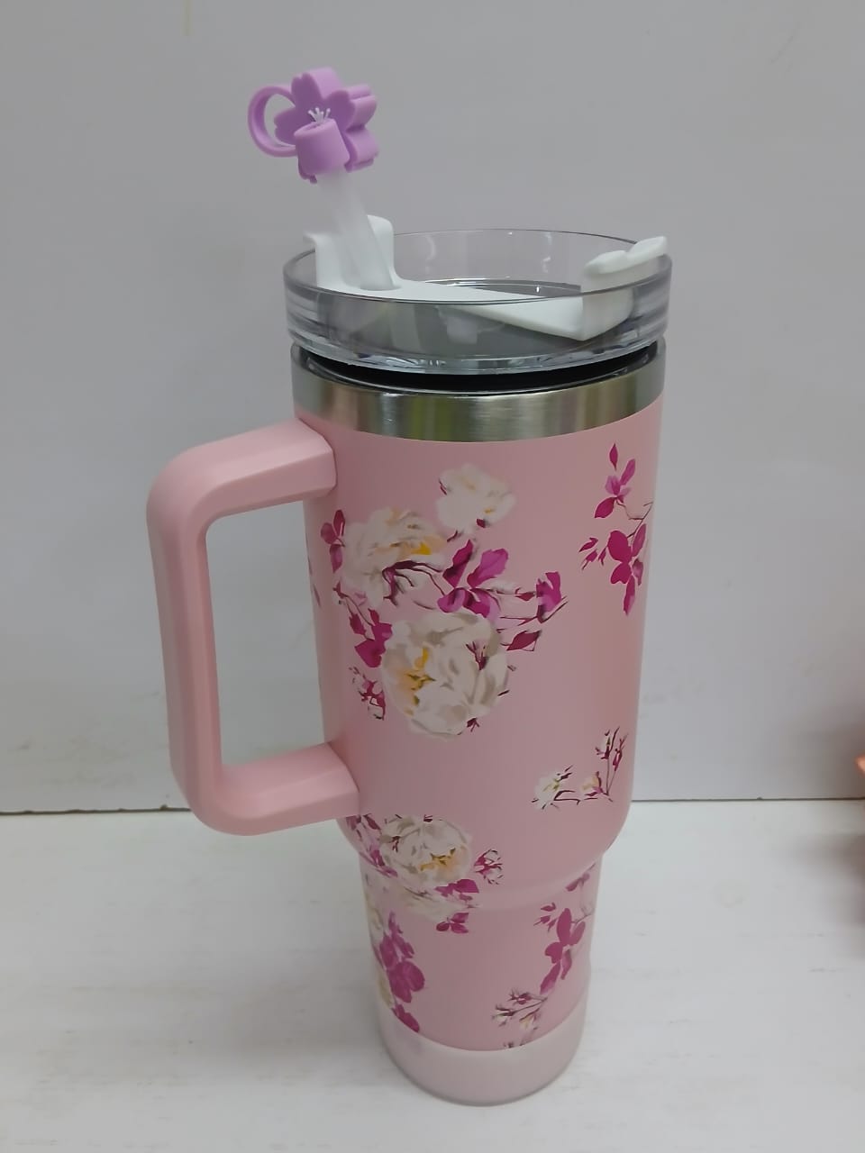 Stanley flowered Stainless steel large capacity handled both cold and hot insulated cup with plastic straw