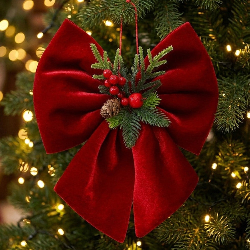 *Wine Red Christmas Tree Bow Ornament Pine Needle Accent Velvet Christmas Hanging Decoration Handmade Red Berry Accents