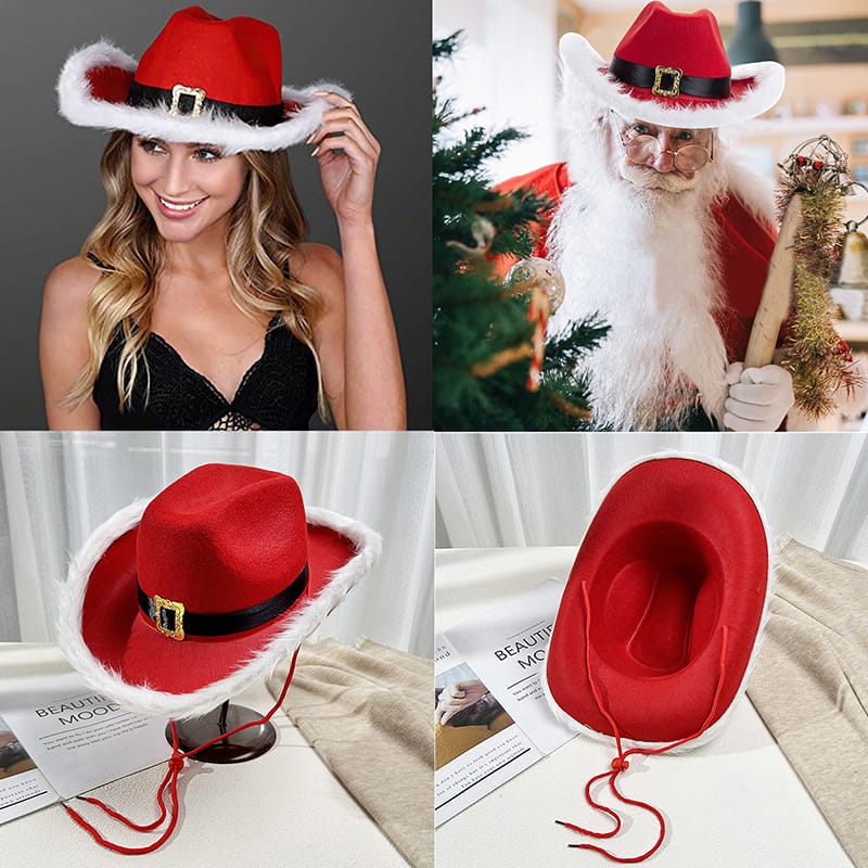 Christmas Red Cowboy Hat Women Men Feather