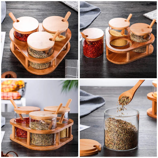 3 PCS GLASS SPICE CONTAINERS(15OZ) WITH BAMBOO HOLDER