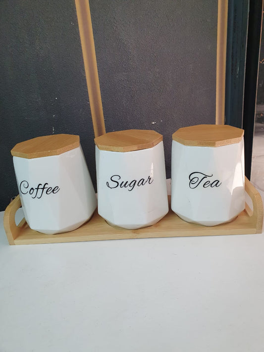 3pcs Ceramic Canisters Set  with Bamboo Stand