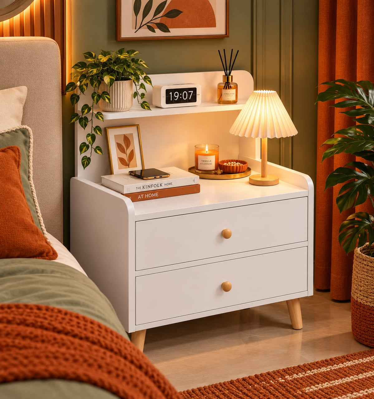 Minimalist wooden bedside table with drawer