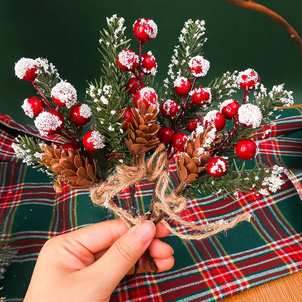2Pcs Christmas Red Berry Articifial Flower Pine Cone